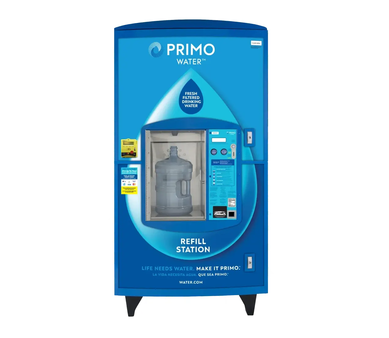 Blue Primo Water® refill station with a large 5 gallon water jug inside being refilled.