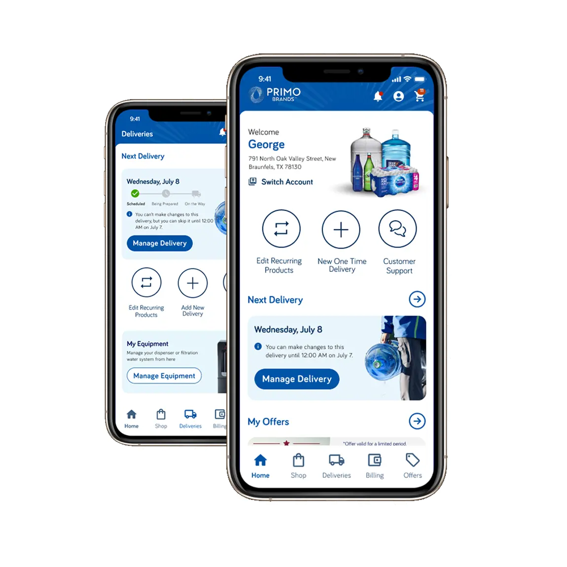 Smartphone displaying a delivery management app interface with options for managing deliveries, equipment, and offers, set against a radial burst background.