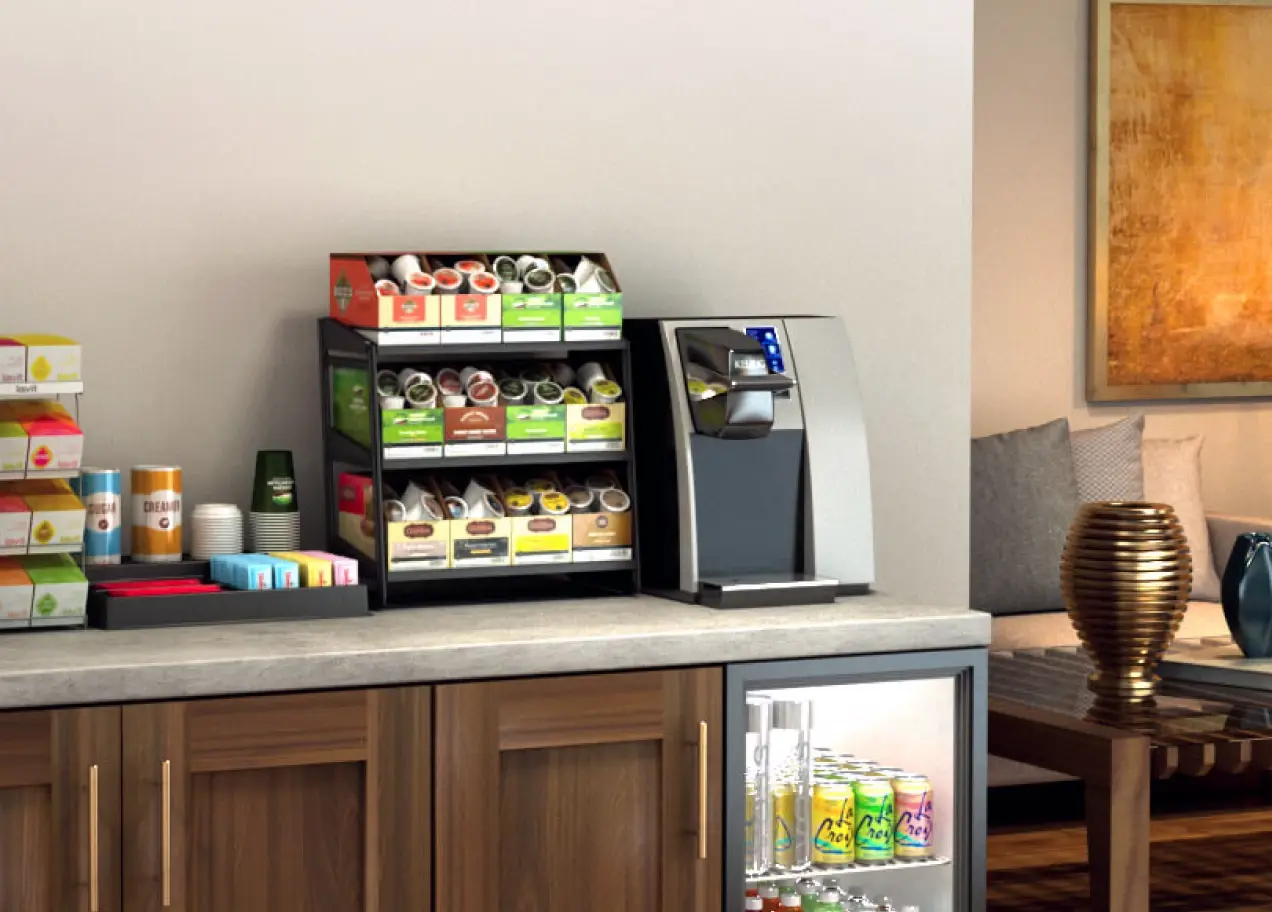 A Hospitality Breakroom stocked by Primo Commercial Services, Coffee and Breakroom Delivery.