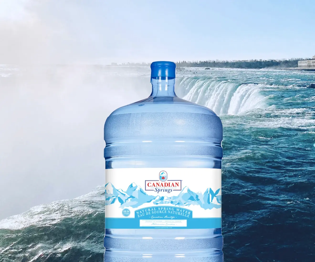 Canadian Springs Water bottle imposed infront of a waterfall ledge