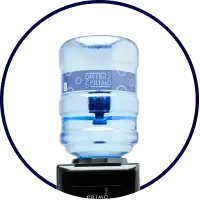 A blue water cooler jug labeled sits on a black dispenser, with a dark circular background.