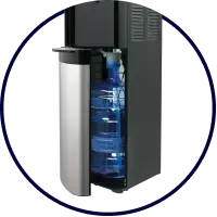 A bottom-loading water dispenser, partially open to reveal 5 gallon water bottle inside.