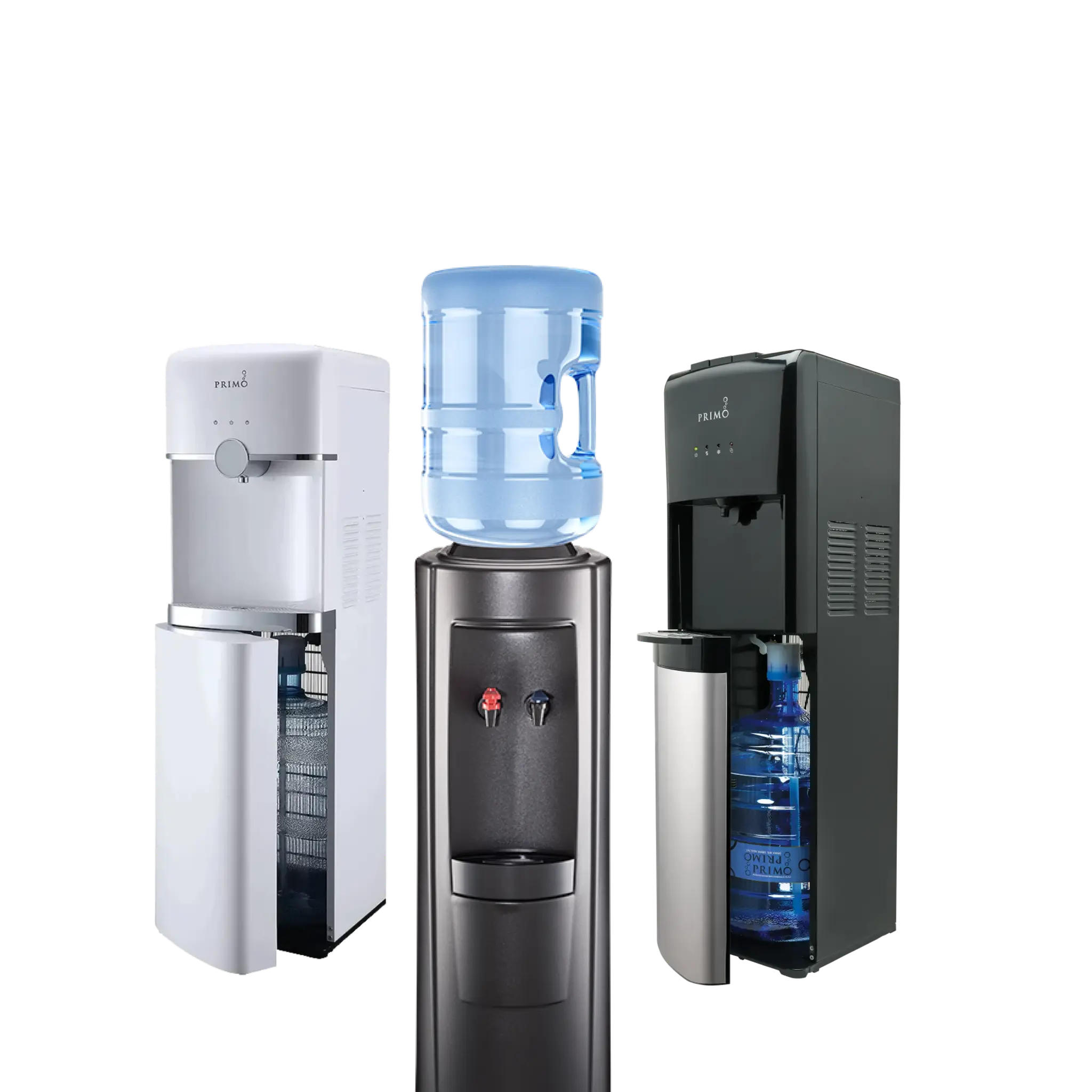 Three Primo water water dispensers: white, black, and silver.