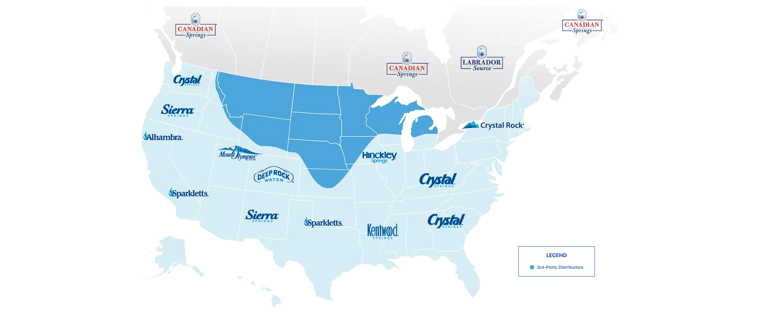 Primo Water regional map with brands over states and provinces across Canada and the United States