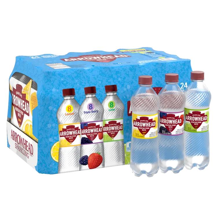 Arrowhead Sparkling Water, Lemon, Triple Berry, and Lime, 16.9 oz. Bottles (Variety Pack of 24)