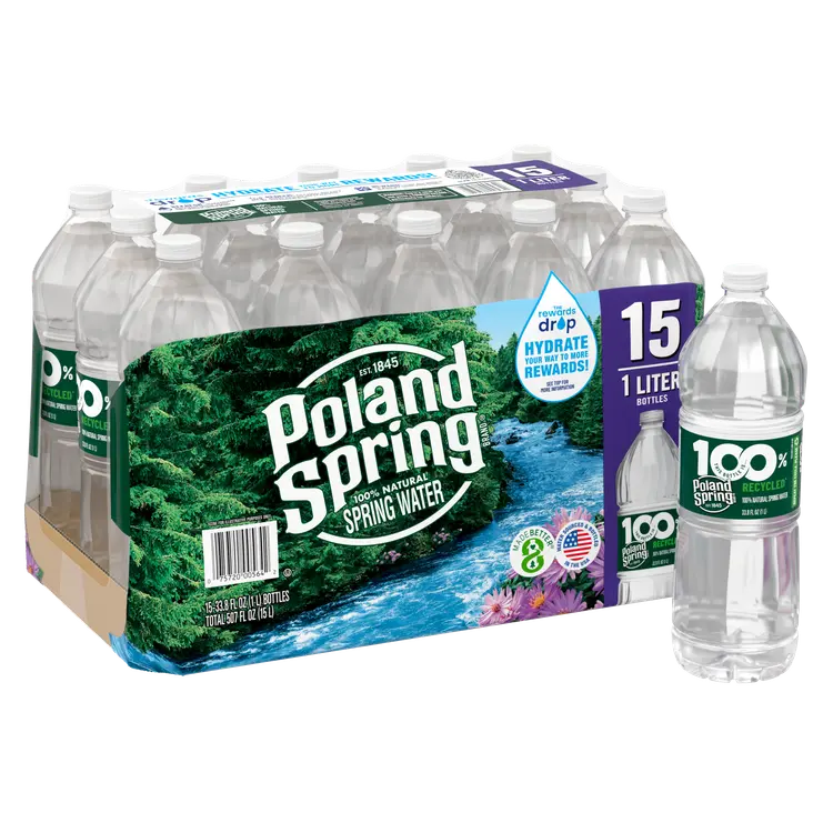 POLAND SPRING Brand 100% Natural Spring Water, 1-Liter plastic bottles (Pack of 15)
