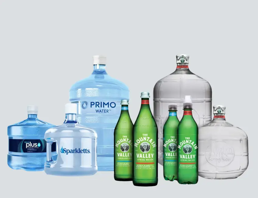Primo Water brands refillable water jugs, bottles, and case packs including Plus, Sparkletts and Mountain Valley