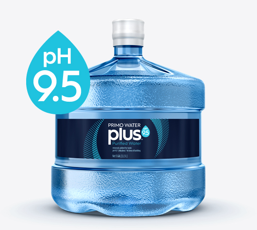 Our alkaline water, Primo Water Plus™. with a pH of 9.5,* is a scientifically formulated purified water, enhanced with minerals for a clean, refreshing taste and optimum hydration.